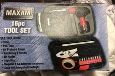 MAXAM 16 PIECE TOOL SET PLiERS AIR PRESSURE GAUGE FLASH LIGHT PVC TAPE MORE