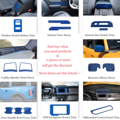 Interior Full Trim Decoration Cover Panel Overlays For Ford Bronco 2021 22+ Blue