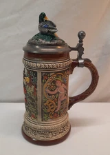 Old Gerz Beer Stein W. Germany cherubs & Huntsman w/ Duck (Mallard) on Lid  9"
