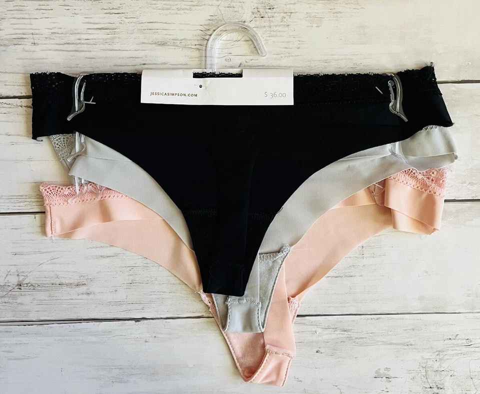 NUEVO CON ETIQUETAS Jessica Simpson Tanga Ribete Encaje Ropa Interior Rosa Gris Negro Talla Mediana Foto 3 de 3