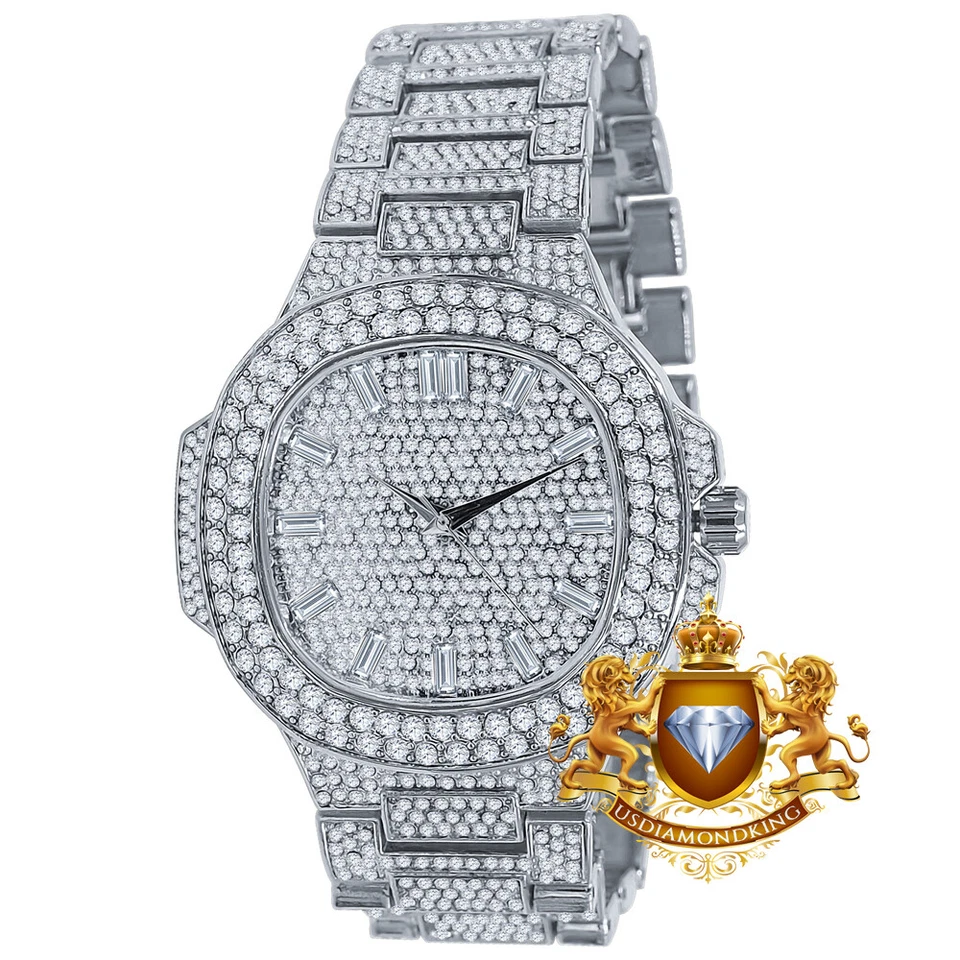 Reloj con correa de metal de 43 mm con parte posterior de acero macizo diamante simulado acabado oro blanco para hombre Foto 3 de 4