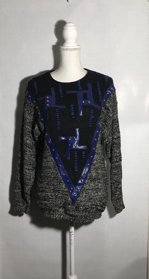 suéter gris negro azul cuero dorado resistente Foto 3 de 4