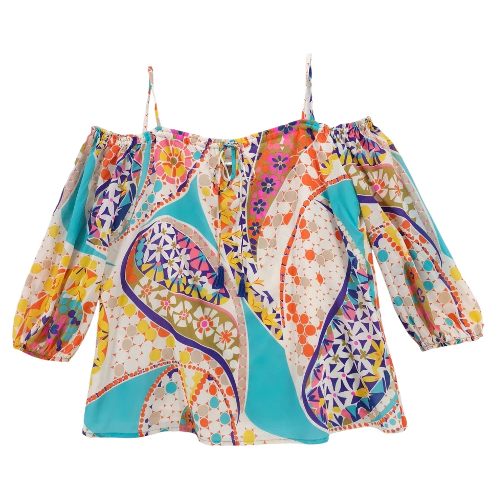 TRINA TURK Jillian Top Hombro Descubierto Seda Spandex Elastizado Borlas Talla PEQUEÑA Foto 2 de 4