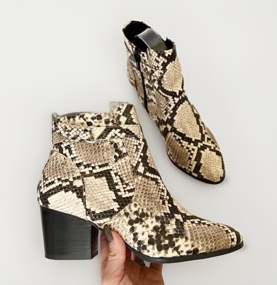 Beige Snake Snake Print Boots Low Heel Snake Print Snakeskin Boots