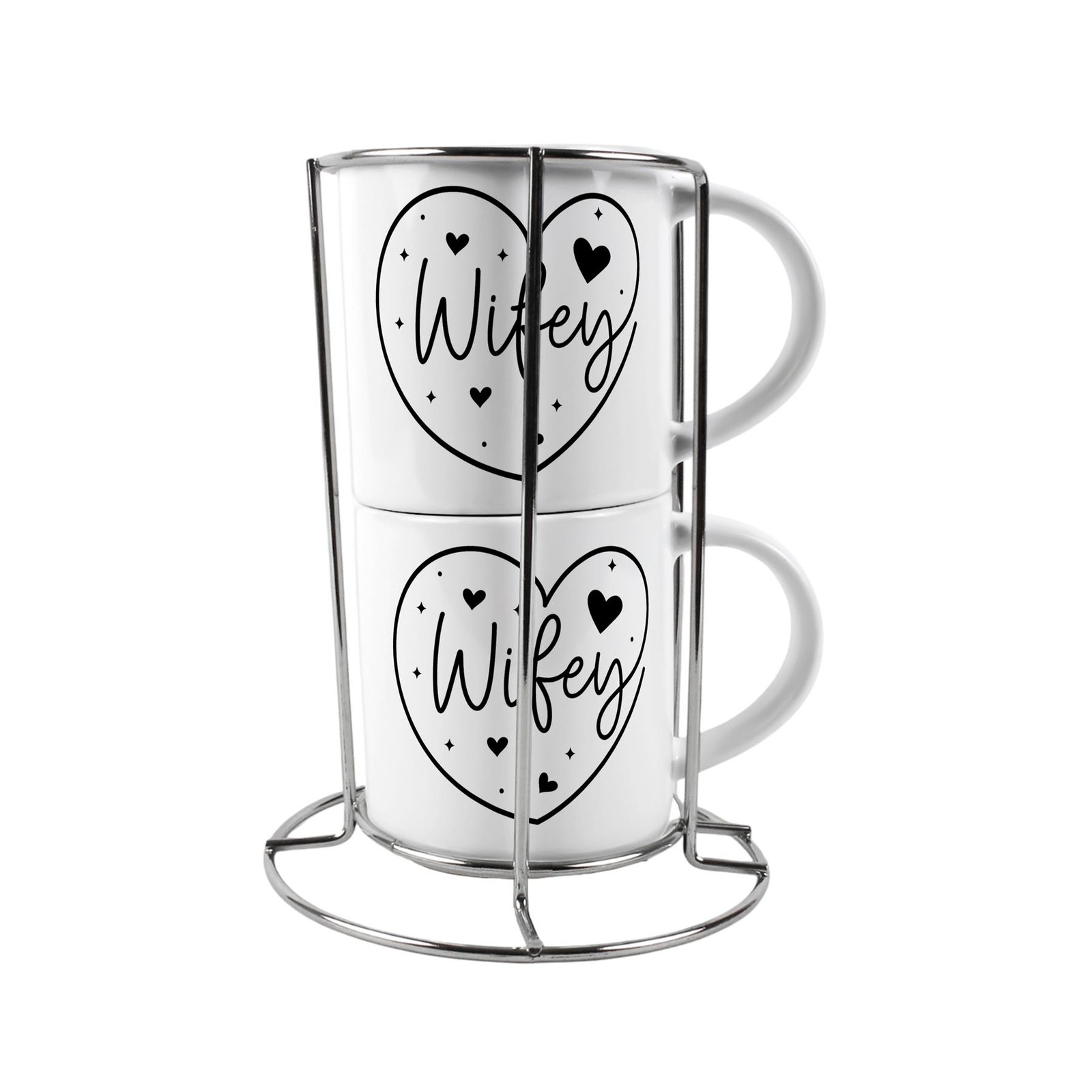 Wifey & Wifey Stacking Mugs Set with Stand - Heart Gifts for Couples