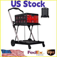 2-Tier Folding Cart Aluminum Frame,Collapsible Shopping Cart with Storage Bins