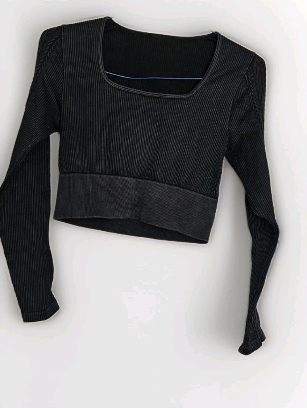 Aerie Black Square Neck Braided Long Sleeve Ribbed Cropped Slim Stretch Top S
