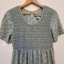 Vintage~ Fashion Bug Green w/Tiny Pink/ Blue/ White Flowers~ Midi/Maxi Dress~ 8P