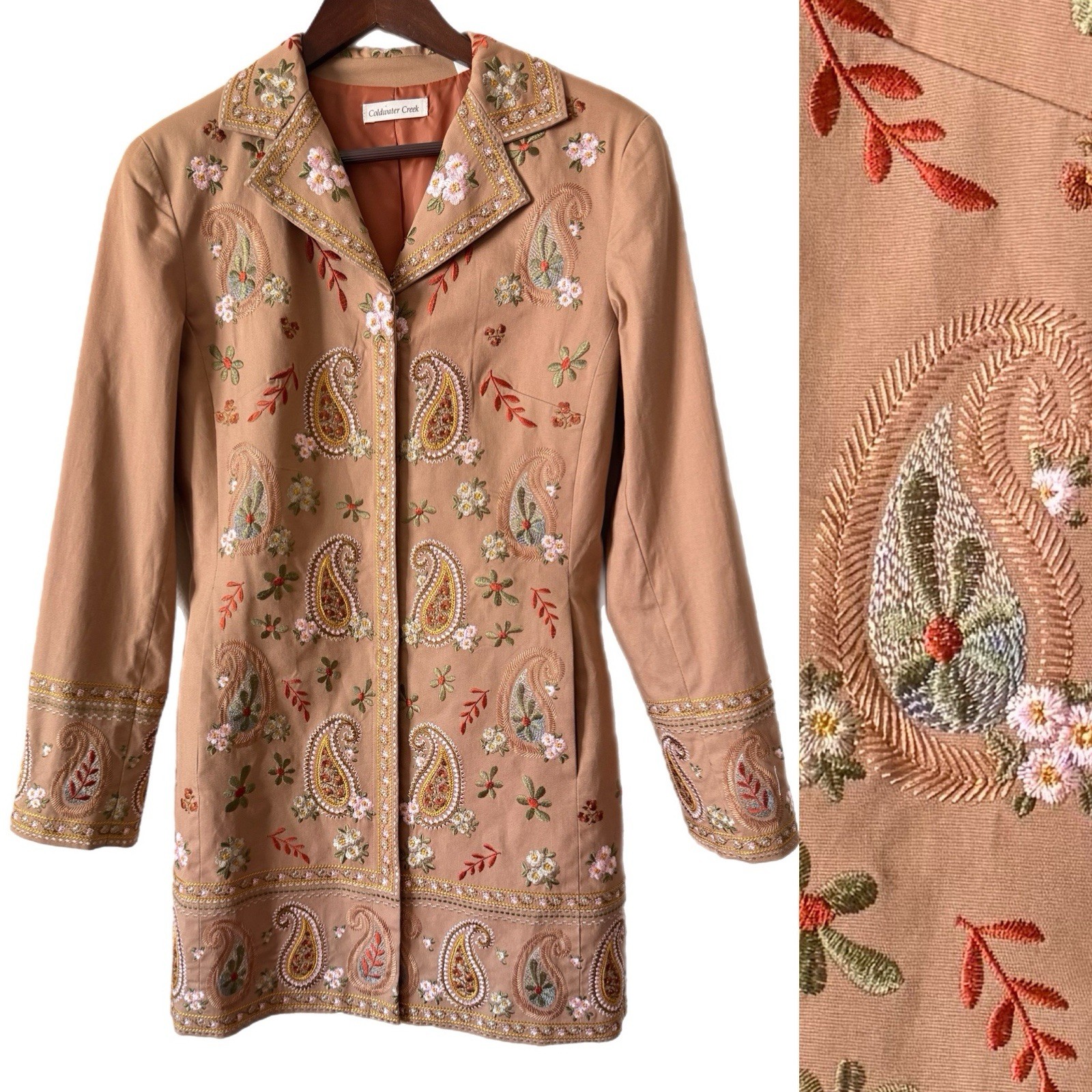 Coldwater Creek Jacket Long Blazer Coat Boho Coastal Cowgirl Embroidery Sz 8