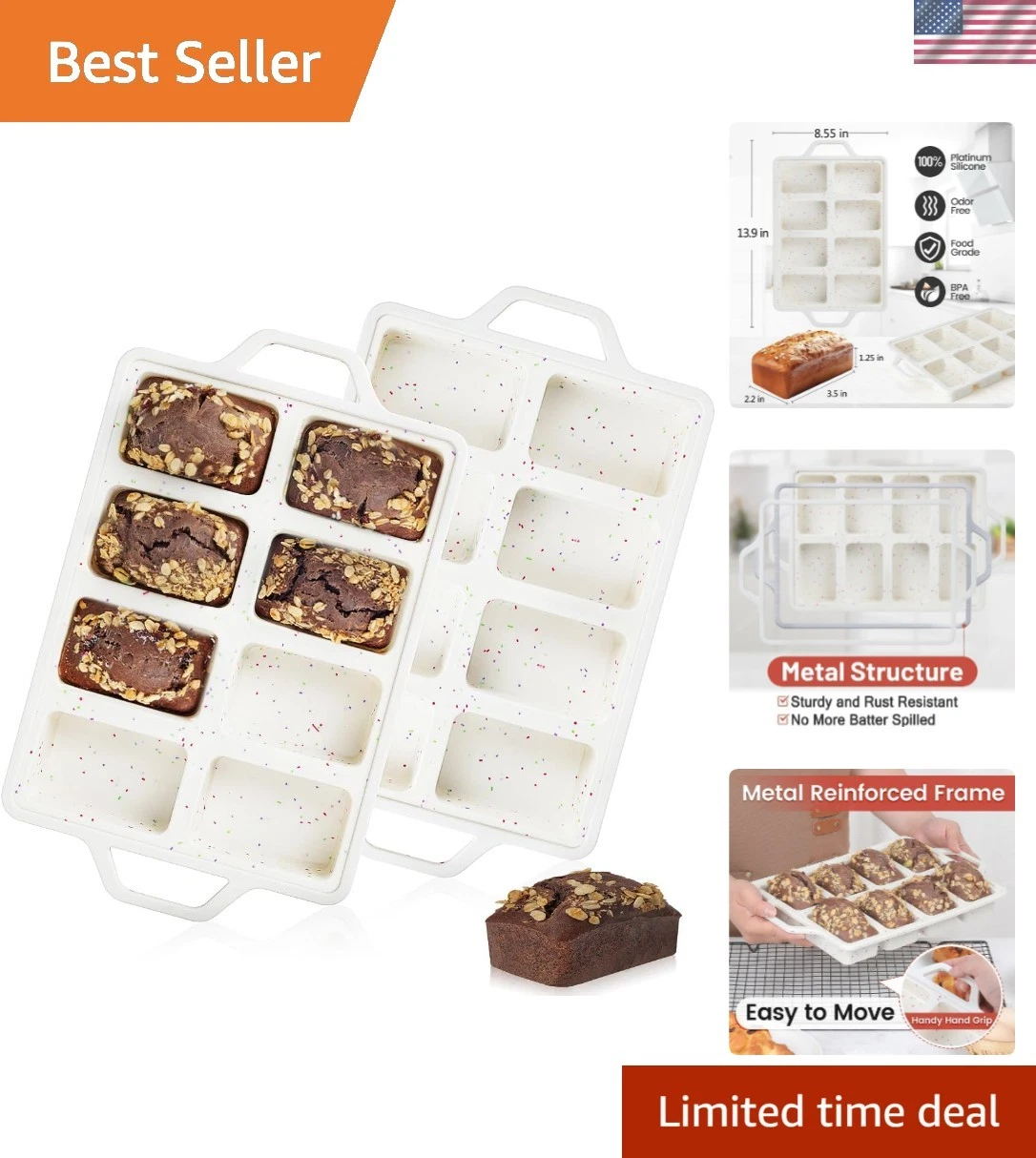 Mini Loaf Pans, Metal Reinforced Frame Silicone Bread Loaf Pans 8 Cavities No...