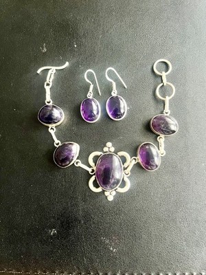 Armband Amethyst & versilbert 20 cm, Ohrringe 38,1 cm SET Edelstein Schmuck