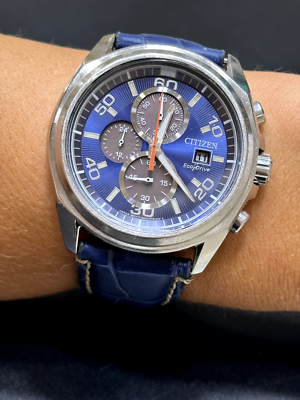 Citizen Eco Drive Watch Chronograph Quartz Blue Dial Mens 44.5mm