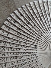 VINTAGE Japanese Hand Carved WOOD FOLDING HAND FAN w/ BOX