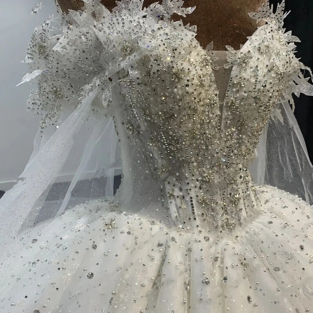 Elegant Rhinestone Tulle Wedding Dresses Off Shoulder Beaded Lace-up Bridal  Gown | eBay