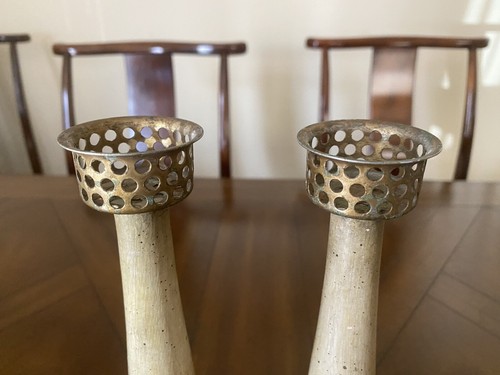 Vintage Rustic Wooden Candle Stick Holders With Metal Top 11.5'' Tall Pair - Picture 3 of 11