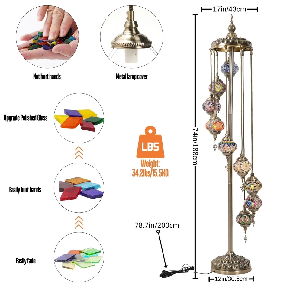 Turkish Mosaic Floor Lamp, 9 Globes 74in Tall Handmade Standing Light Fixture - Image 3 of 4