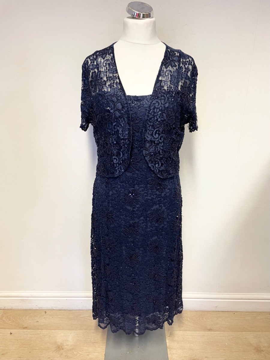 PHASE EIGHT NAVY BLUE BEADED LACE DETACHABLE STRAP DRESS BOLERO