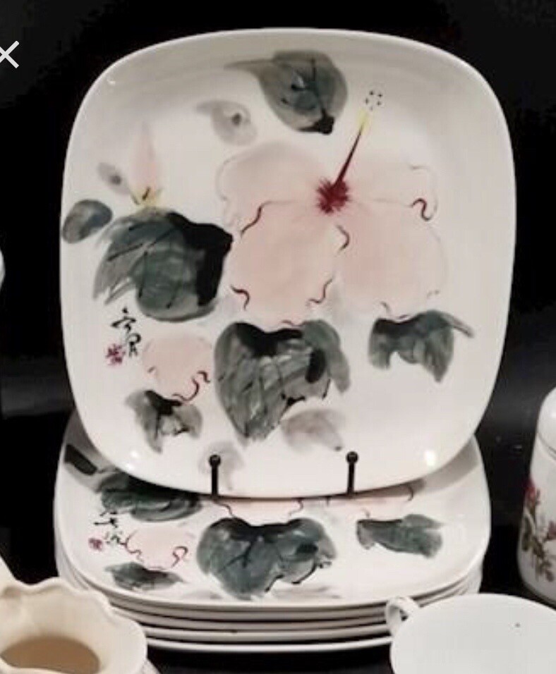 RARE Tyrus Wong Hibiscus Plates 1940s Winfield Gabriel Pasadena