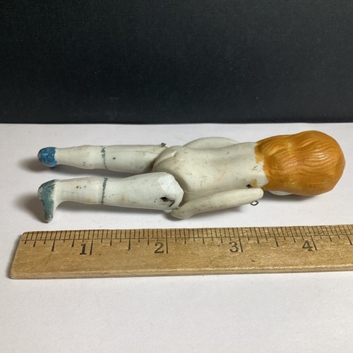 VINTAGE WIRE JOINTED BISQUE PORCELAIN 4 3/4” GIRL DOLL BLUE BOW - Picture 5 of 9