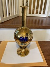 Vaso vintage in vetro con boccioli dipinto blu cobalto oro e fiori applicati, bellissimo!