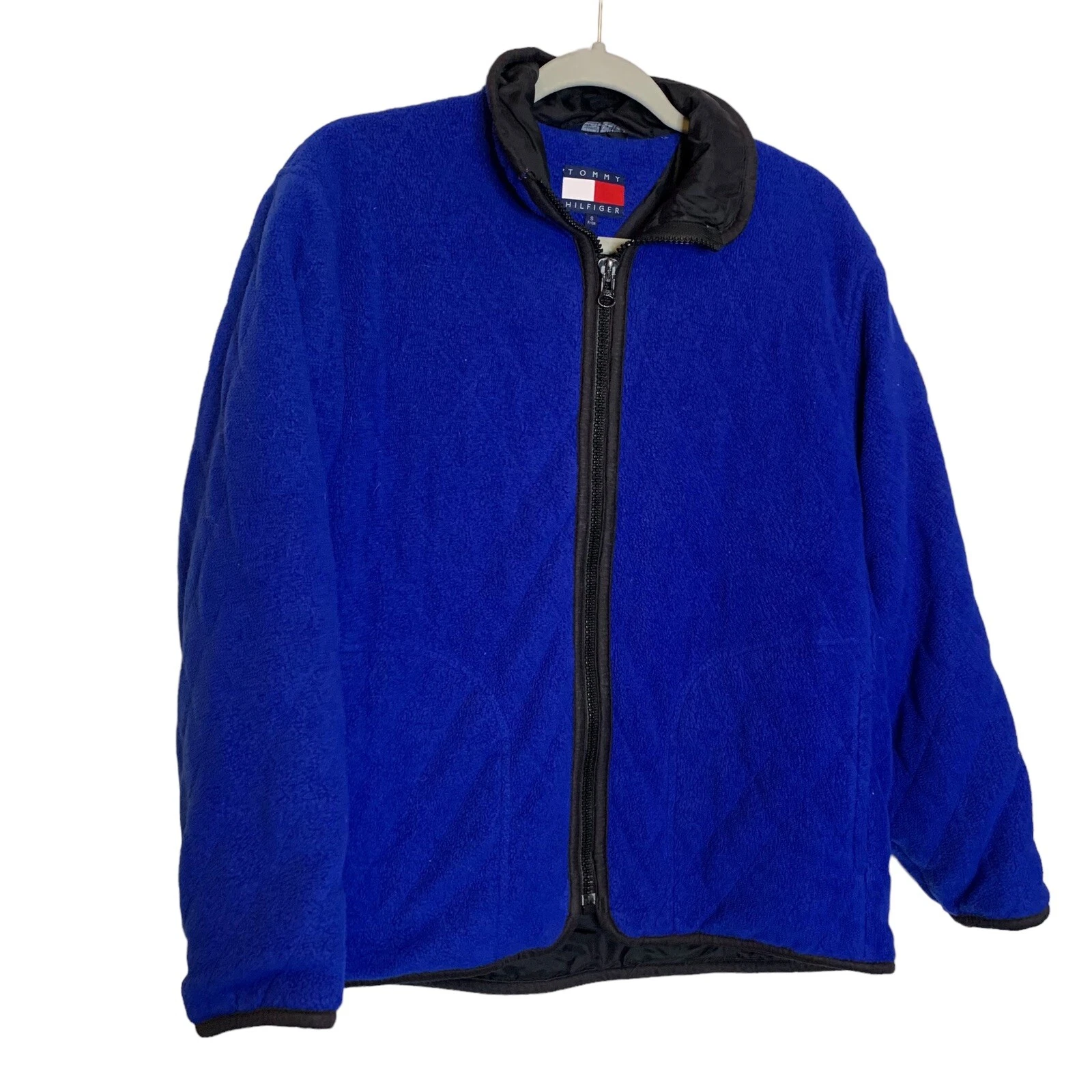 Tommyn Hilfiger Jacket Mens Small Blue Full Zip Fleece Logo Flag Vintage Diamond