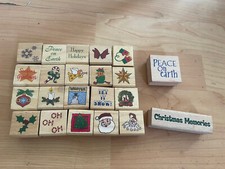LOT of 22 christmas wooden rubber stamps all sizes santa claus stars snow tree