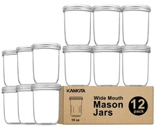 Wide Mouth Mason Jars 16 oz With Regular Lids and Bands, Ideal for Jam, Honey...