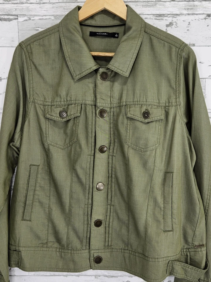 Chaqueta de camionero Tahari Chambray para mujer grandes botones de metal verde oliva Foto 2 de 4