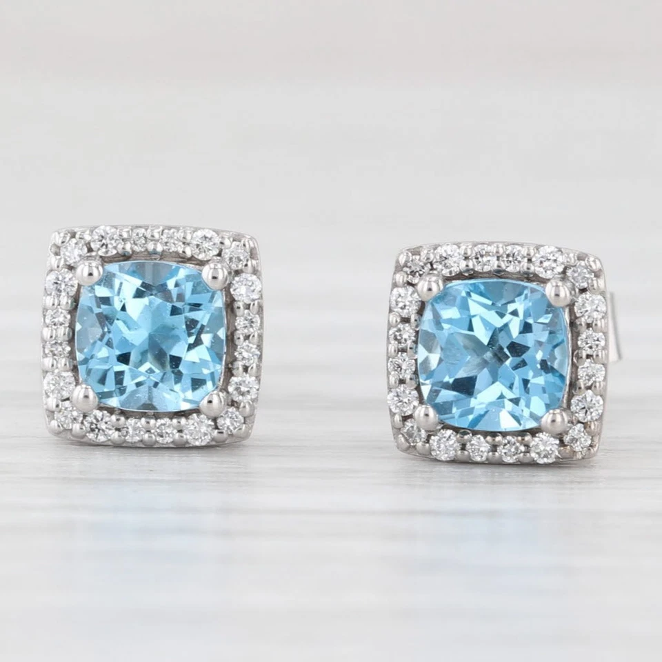 1.76ctw Cushion Blue Topaz Diamond Halo Stud Earrings 14k White Gold Studs - Image 3 of 4