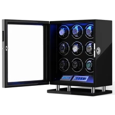 Fingerprint Lock 9 Automatic Watch Winder Box LCD Touchscreen LED Remote Control