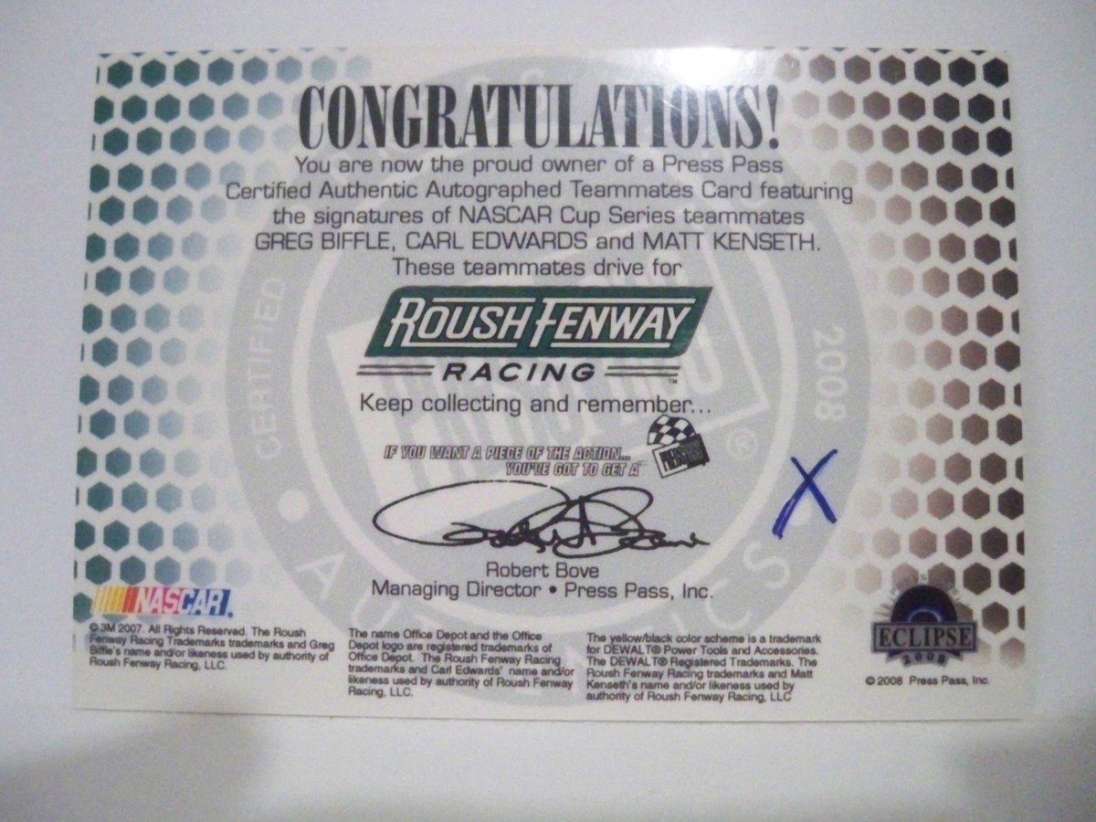 直筆サイン入り Manuel Gottsching Blackouts Biffle/Edwards/Kenseth 2008 Press Pass Eclipse Teammate Autographs