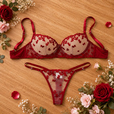 Red Butterfly Lingerie Set Women Sheer Bra Panty 2 Piece S-XL