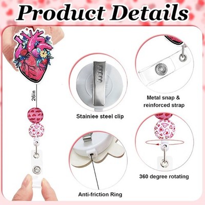 Decorative Retractable Badge Reel Set Heart Design ID Card Holder for Office Use