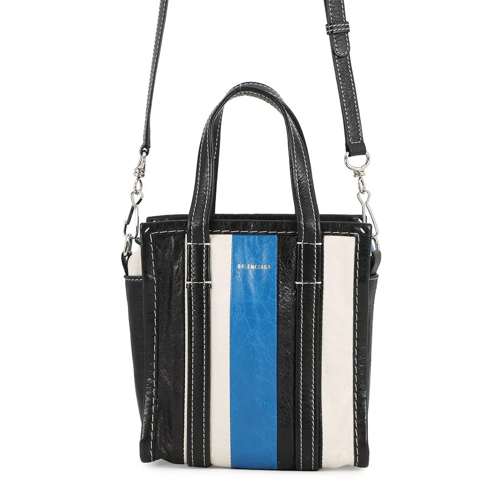 Balenciaga — BALENCIAGA Bazar Shopper Size XXS Leather Black/White/Blue 513988