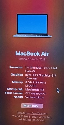 Apple MacBook Air 13'' Retina 2018 i5 1.6GHz 8GB 128GB SSD Ventura Silver
