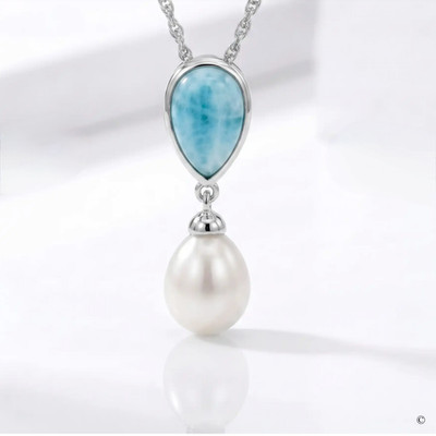 Marahlago Alisa Larimar and Freshwater Pearl Necklace 925 Sterling Silver NEW