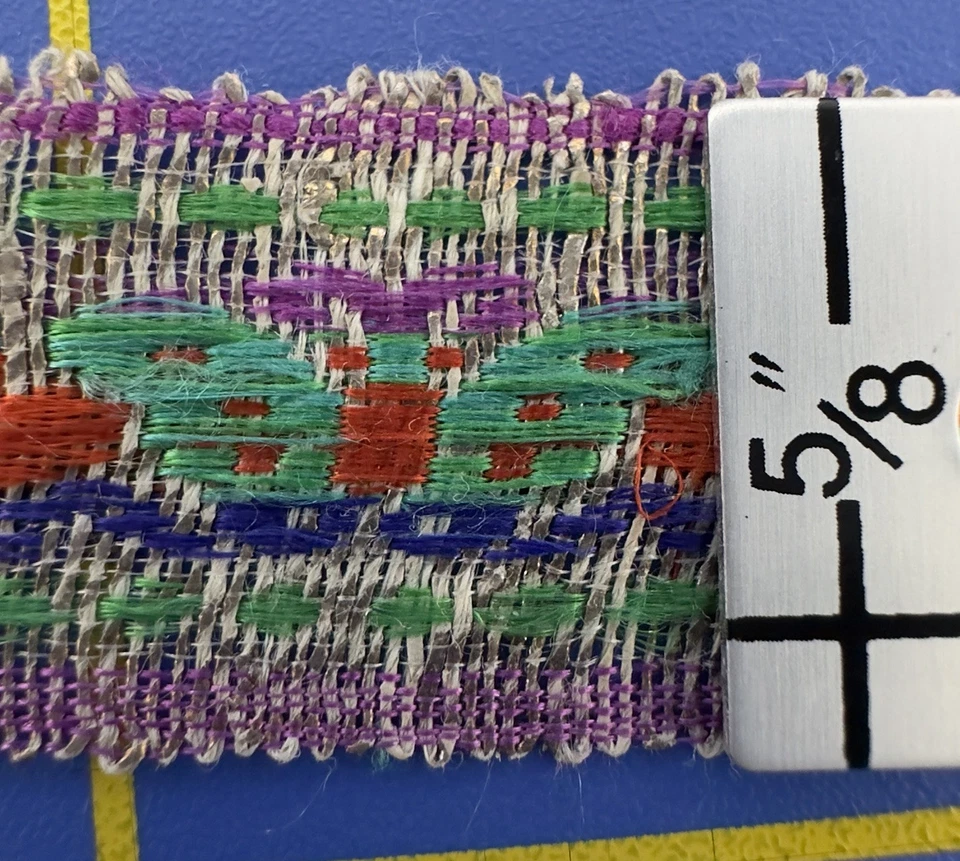 Antique Metallic Silk Ribbon Hand Woven Green & Red Butterflies Motif 58”x 5/8” - Image 3 of 4