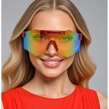 Shield Sunglasses Mirrored Lens Visor Sporty Futuristic Sunnies Red Frame Lentes