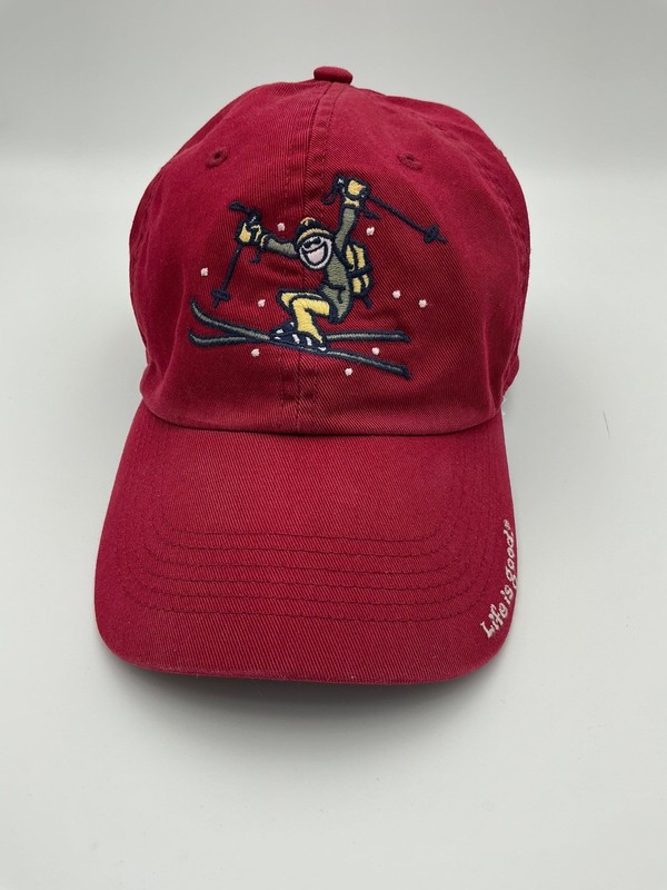 Life Is Good Ski Ball Cap Hat Red Adjustable Strap Back Skiing 
