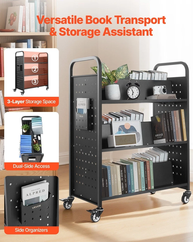 3-Tier Rolling Book Cart Double Sided W-Shaped Shelves Book Truck in Black - Image 2 of 4