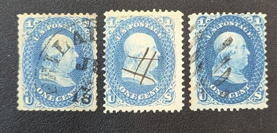 #ad US Stamp # 63 #63 #63B Ben Franklin1¢scv $690 hand stamped pen grid cancel $90.00