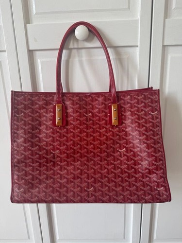 Goyard Red Canvas Large Tote Bag Geometric Pattern Vintage Woven Leather Handles