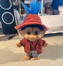 Vintage blue haired troll doll With Reddish Brown Hat And Vest