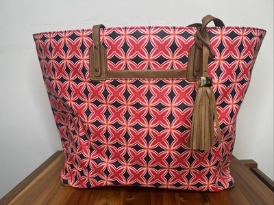 Stella & Dot How Does She Do It Tote Bag with A Red and Navy Medallion Print