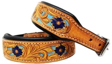 Dog Collar Genuine Leather With Handmade Floral Design & Adjustable Padded.