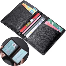 Slim Thin Leather Wallet Credit Card Driver's License Holder Bifold 2 ID Window
