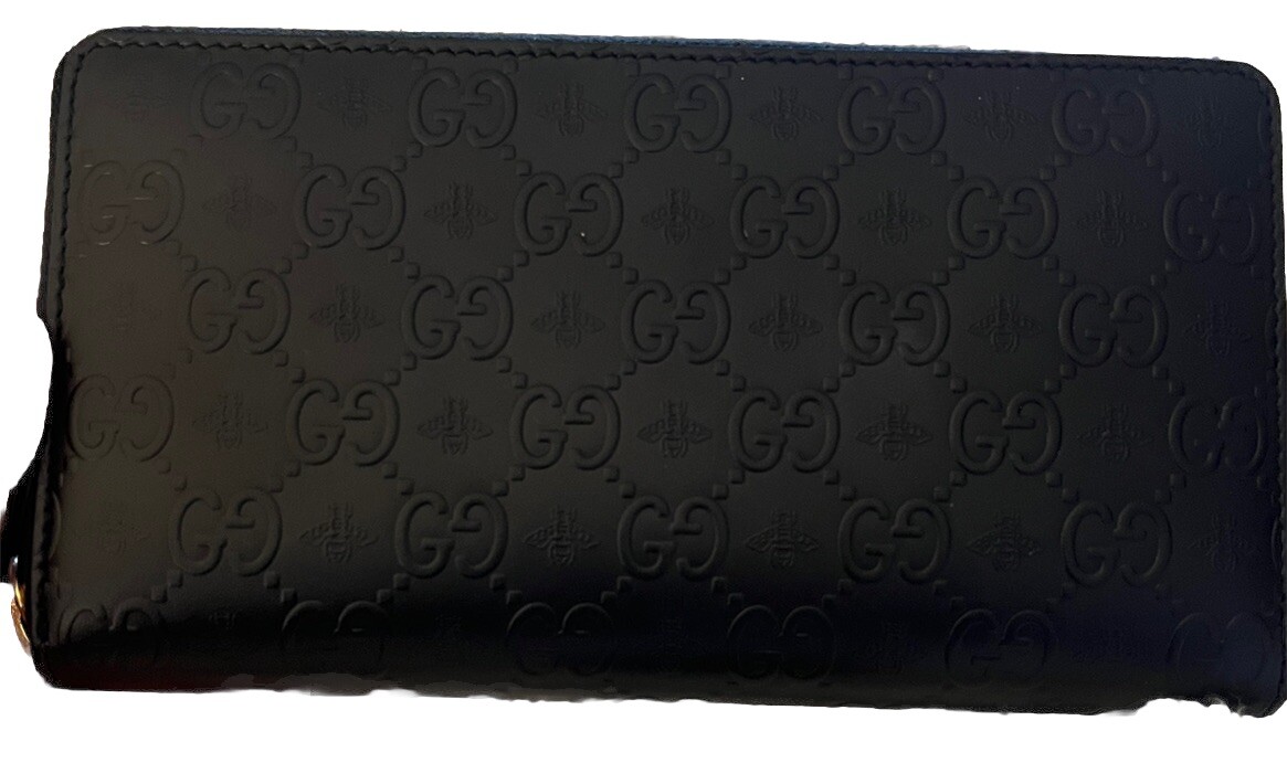 Authentic Gucci  GG Guccissima Black Zippy Large Organizer Wallet - Bee (Rare)