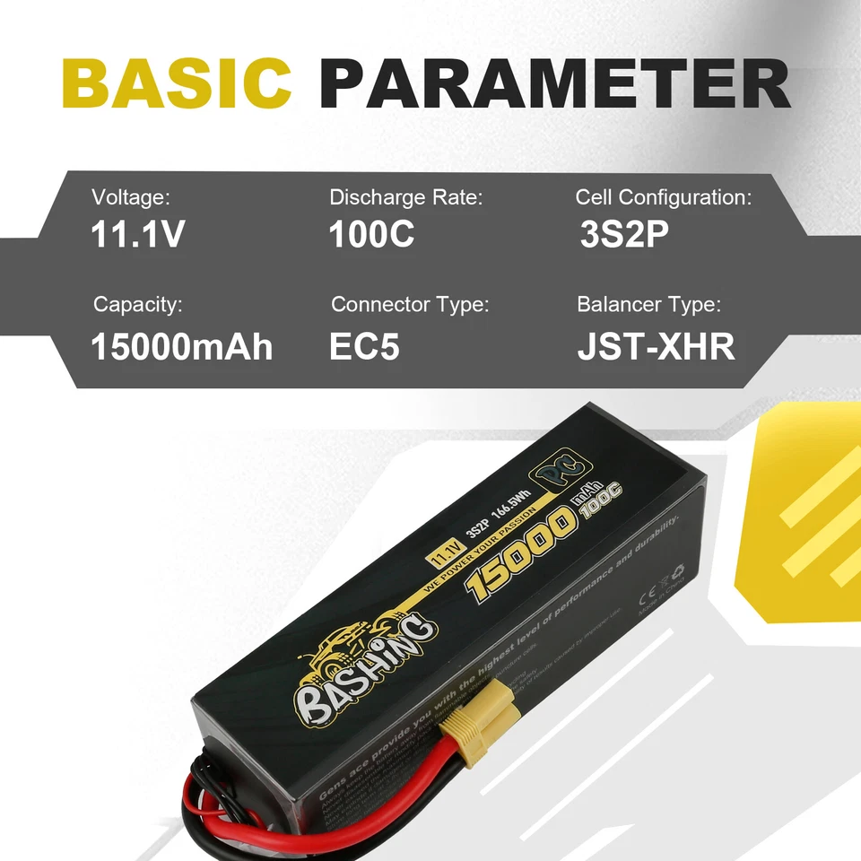 2X Gens Ace Bashing 11.1V 100C 3S 15000mAh Lipo Battery EC5 Plug For Arrma Car - Image 3 of 4