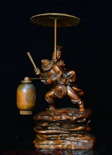 8" Chinese Exquisite Boxwood Carved Unique Zhong Kui Jia Mei Fine Quality Statue