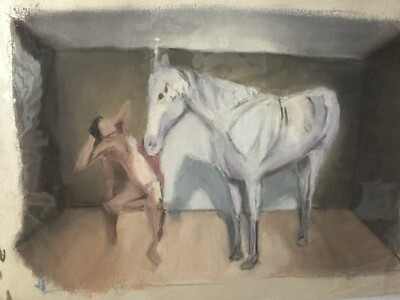 Pastel on Paper Drawing of Horse and Man